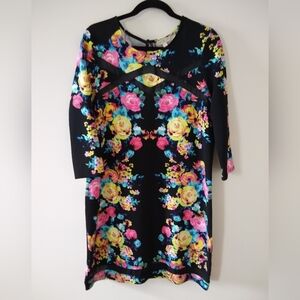 Flirty Floral Black Dress Stylish Sheer Cutouts 3/4 Sleeves By Love Fire